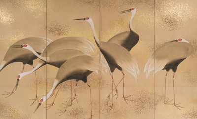Lot 309 - SAKAI HOITSU: A SUPERB RIMPA SCHOOL EIGHT-PANEL BYOBU (FOLDING SCREEN) DEPICTING A FLOCK OF MANAZURU CRANES