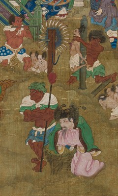 Lot 321 - A PAIR OF SILK PAINTINGS WITH THE KINGS OF HELL, PINGDENG AND SONGDI, 18TH-19TH CENTURY