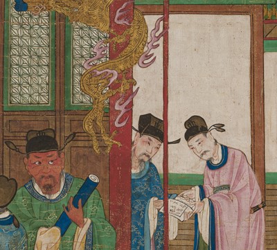Lot 321 - A PAIR OF SILK PAINTINGS WITH THE KINGS OF HELL, PINGDENG AND SONGDI, 18TH-19TH CENTURY