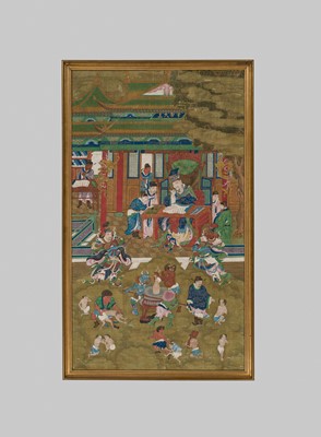 Lot 321 - A PAIR OF SILK PAINTINGS WITH THE KINGS OF HELL, PINGDENG AND SONGDI, 18TH-19TH CENTURY