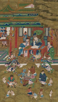 Lot 321 - A PAIR OF SILK PAINTINGS WITH THE KINGS OF HELL, PINGDENG AND SONGDI, 18TH-19TH CENTURY