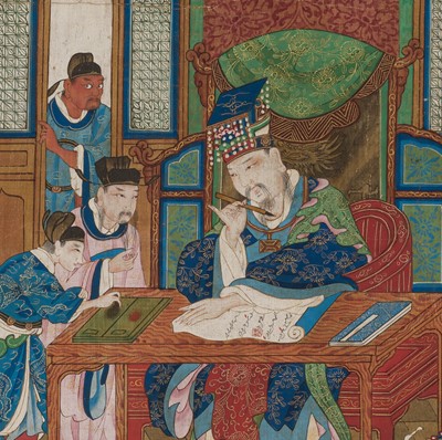 Lot 321 - A PAIR OF SILK PAINTINGS WITH THE KINGS OF HELL, PINGDENG AND SONGDI, 18TH-19TH CENTURY