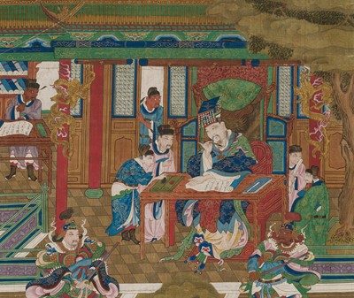 Lot 321 - A PAIR OF SILK PAINTINGS WITH THE KINGS OF HELL, PINGDENG AND SONGDI, 18TH-19TH CENTURY