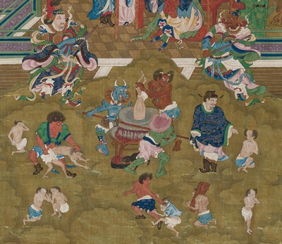 Lot 321 - A PAIR OF SILK PAINTINGS WITH THE KINGS OF HELL, PINGDENG AND SONGDI, 18TH-19TH CENTURY