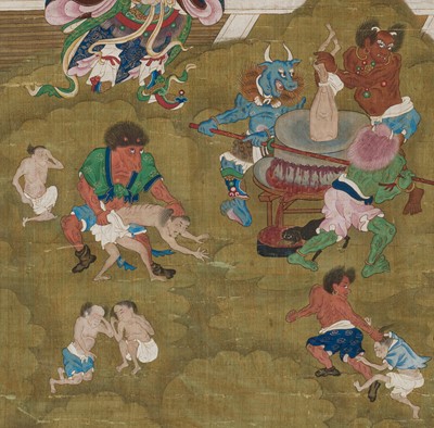 Lot 321 - A PAIR OF SILK PAINTINGS WITH THE KINGS OF HELL, PINGDENG AND SONGDI, 18TH-19TH CENTURY