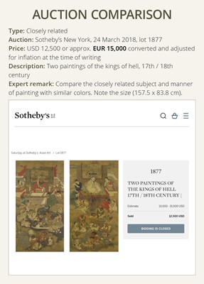 Lot 321 - A PAIR OF SILK PAINTINGS WITH THE KINGS OF HELL, PINGDENG AND SONGDI, 18TH-19TH CENTURY