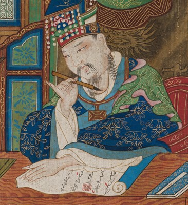 Lot 321 - A PAIR OF SILK PAINTINGS WITH THE KINGS OF HELL, PINGDENG AND SONGDI, 18TH-19TH CENTURY