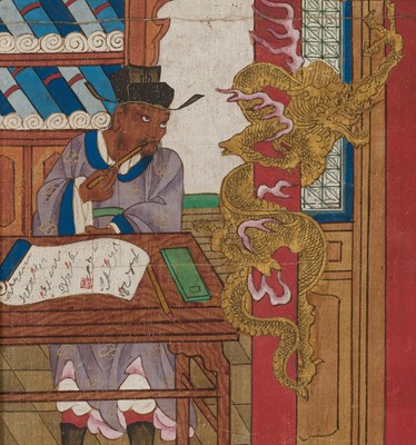 Lot 321 - A PAIR OF SILK PAINTINGS WITH THE KINGS OF HELL, PINGDENG AND SONGDI, 18TH-19TH CENTURY