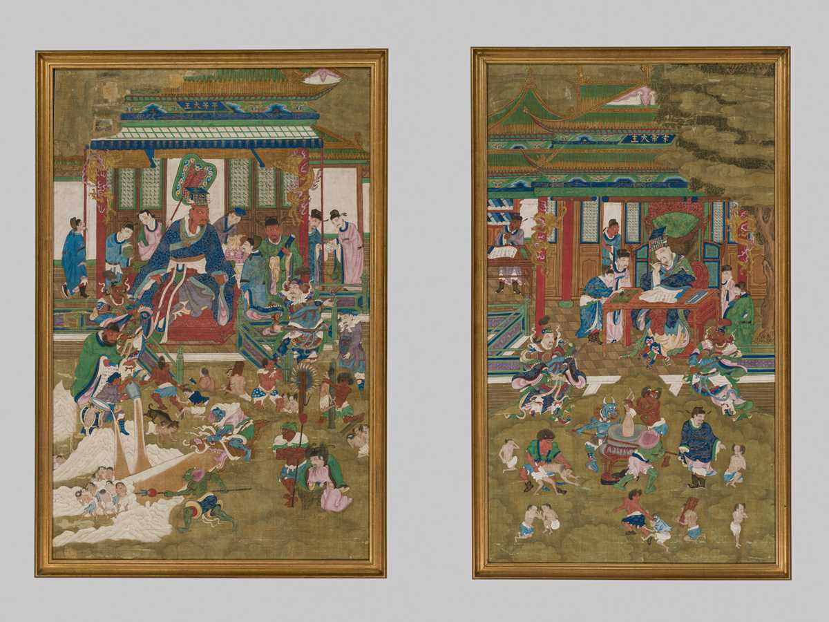 Lot 321 - A PAIR OF SILK PAINTINGS WITH THE KINGS OF HELL, PINGDENG AND SONGDI, 18TH-19TH CENTURY