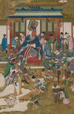 Lot 321 - A PAIR OF SILK PAINTINGS WITH THE KINGS OF HELL, PINGDENG AND SONGDI, 18TH-19TH CENTURY