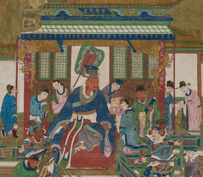 Lot 321 - A PAIR OF SILK PAINTINGS WITH THE KINGS OF HELL, PINGDENG AND SONGDI, 18TH-19TH CENTURY