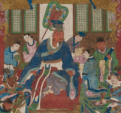 Lot 321 - A PAIR OF SILK PAINTINGS WITH THE KINGS OF HELL, PINGDENG AND SONGDI, 18TH-19TH CENTURY