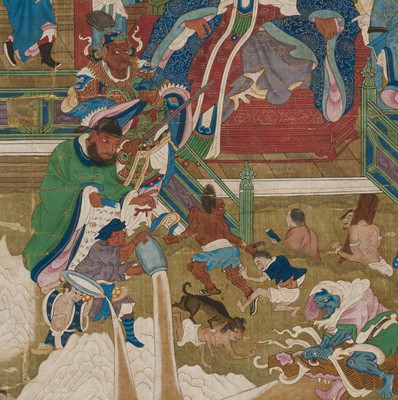 Lot 321 - A PAIR OF SILK PAINTINGS WITH THE KINGS OF HELL, PINGDENG AND SONGDI, 18TH-19TH CENTURY