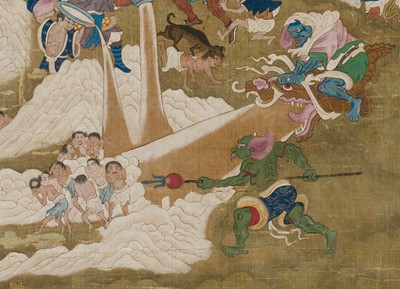 Lot 321 - A PAIR OF SILK PAINTINGS WITH THE KINGS OF HELL, PINGDENG AND SONGDI, 18TH-19TH CENTURY