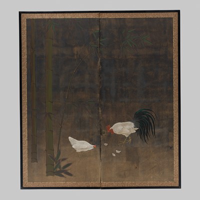 Lot 588 - A TWO-PANEL BYOBU (FOLDING SCREEN) WITH COCKEREL, HEN, AND CHICKS