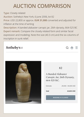 Lot 31 - AN ALABASTER ‘IMSETY’ CANOPIC JAR AND LID, LATE PERIOD