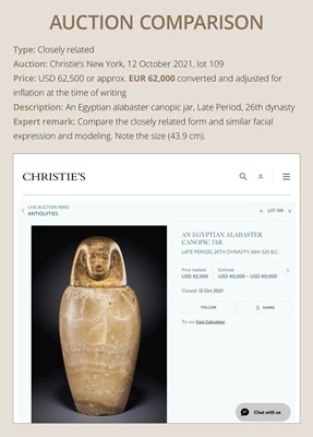 Lot 31 - AN ALABASTER ‘IMSETY’ CANOPIC JAR AND LID, LATE PERIOD