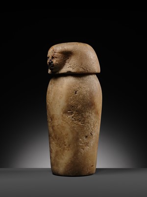 Lot 31 - AN ALABASTER ‘IMSETY’ CANOPIC JAR AND LID, LATE PERIOD