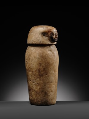 Lot 31 - AN ALABASTER ‘IMSETY’ CANOPIC JAR AND LID, LATE PERIOD