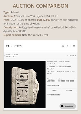 Lot 23 - A LIMESTONE RELIEF FRAGMENT WITH HIEROGLYPHIC INSCRIPTION, OLD KINGDOM OR ARCHAIZING LATE PERIOD