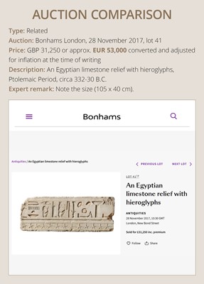 Lot 23 - A LIMESTONE RELIEF FRAGMENT WITH HIEROGLYPHIC INSCRIPTION, OLD KINGDOM OR ARCHAIZING LATE PERIOD