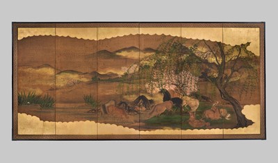 Lot 319 - A KANO SCHOOL SIX-PANEL BYOBU (FOLDING SCREEN) DEPICTING GRAZING HORSES IN A LANDSCAPE