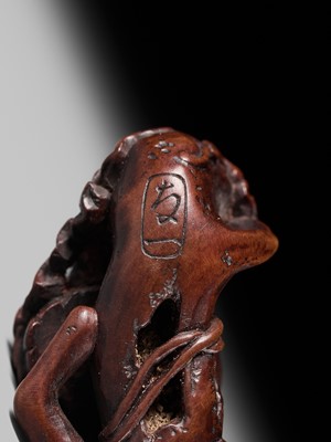 Lot 181 - KANO TOMOKAZU: A SUPERB WOOD NETSUKE OF AN OWL WITH MOVABLE OWLETS