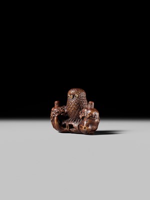Lot 181 - KANO TOMOKAZU: A SUPERB WOOD NETSUKE OF AN OWL WITH MOVABLE OWLETS