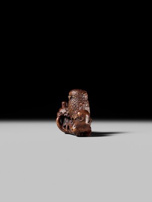 Lot 181 - KANO TOMOKAZU: A SUPERB WOOD NETSUKE OF AN OWL WITH MOVABLE OWLETS