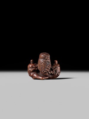 Lot 181 - KANO TOMOKAZU: A SUPERB WOOD NETSUKE OF AN OWL WITH MOVABLE OWLETS