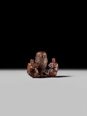 Lot 181 - KANO TOMOKAZU: A SUPERB WOOD NETSUKE OF AN OWL WITH MOVABLE OWLETS