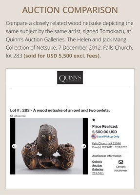 Lot 181 - KANO TOMOKAZU: A SUPERB WOOD NETSUKE OF AN OWL WITH MOVABLE OWLETS