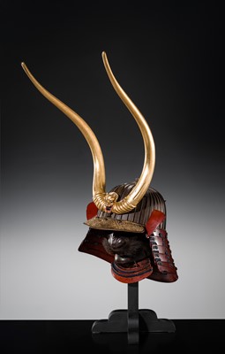 Lot 95 - A RUSSET-IRON SUJIBACHI KABUTO WITH ‘ONI-HORNS’ MAEDATE AND MENPO