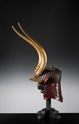 Lot 95 - A RUSSET-IRON SUJIBACHI KABUTO WITH ‘ONI-HORNS’ MAEDATE AND MENPO