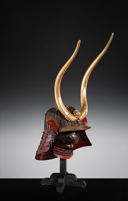 Lot 95 - A RUSSET-IRON SUJIBACHI KABUTO WITH ‘ONI-HORNS’ MAEDATE AND MENPO