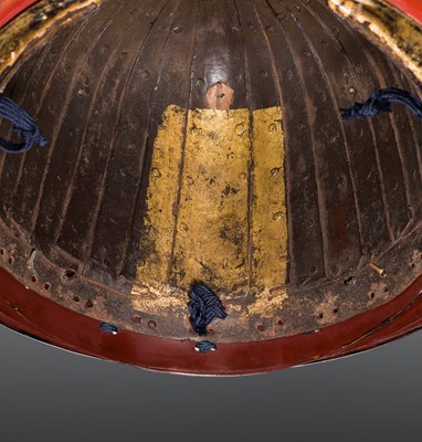 Lot 95 - A RUSSET-IRON SUJIBACHI KABUTO WITH ‘ONI-HORNS’ MAEDATE AND MENPO