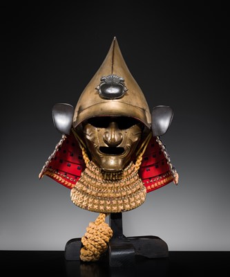 Lot 100 - A GOLD-LACQUERED IRON EBOSHI-NARI KABUTO AND RESSEI MENPO