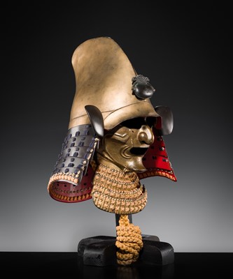 Lot 100 - A GOLD-LACQUERED IRON EBOSHI-NARI KABUTO AND RESSEI MENPO