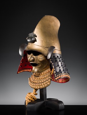 Lot 100 - A GOLD-LACQUERED IRON EBOSHI-NARI KABUTO AND RESSEI MENPO