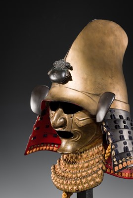 Lot 100 - A GOLD-LACQUERED IRON EBOSHI-NARI KABUTO AND RESSEI MENPO