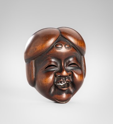 Lot 1800 - SHUMIN: A FINE WOOD MASK NETSUKE OF OKAME