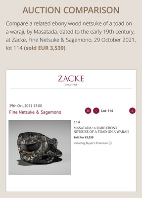 Lot 391 - MASATADA: A FINE WOOD NETSUKE OF A TOAD ON A WARAJI