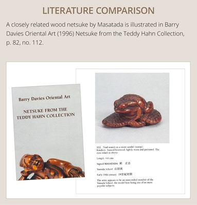 Lot 391 - MASATADA: A FINE WOOD NETSUKE OF A TOAD ON A WARAJI