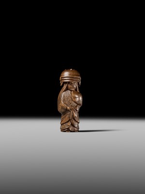 Lot 255 - HOJITSU: A FINE WOOD NETSUKE OF NABE KABURI