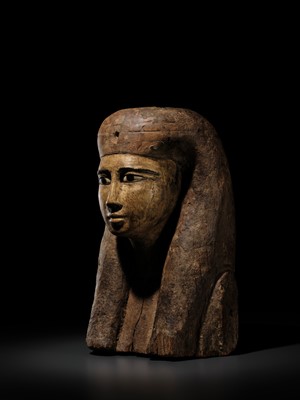 Lot 13 - A FINE BRONZE- AND GLASS-INLAID GILT-WOOD BUST OF A GODDESS, POSSIBLY ISIS, LATE PERIOD