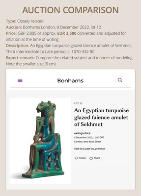 A LARGE TURQUOISE-GLAZED FAIENCE AMULET OF THE ENTHRONED SEKHMET, LATE PERIOD