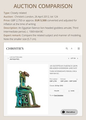 A LARGE TURQUOISE-GLAZED FAIENCE AMULET OF THE ENTHRONED SEKHMET, LATE PERIOD