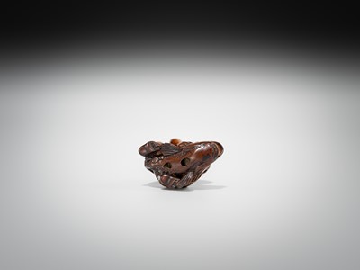 Lot 426 - AN AMUSING INLAID WOOD NETSUKE OF ONIWAKAMARU STRUGGLING WITH THE GIANT CARP