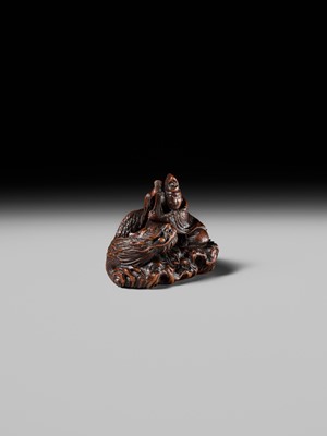 Lot 176 - MASAKAZU: A FINE NAGOYA SCHOOL WOOD NETSUKE DEPICTING TAIRA NO TSUNEMASA PLAYING THE BIWA