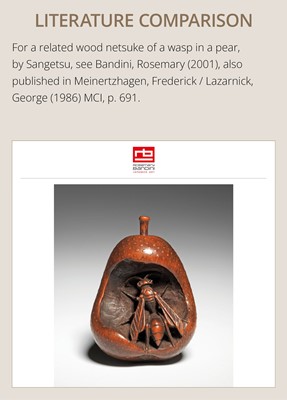 SANGETSU: A RARE EBONY WOOD NETSUKE OF A WASP IN A PEAR